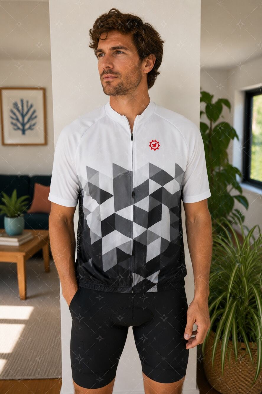 Men’s Cycling Jersey XL White Gray Geometric Full Zip Performance Bike Shirt